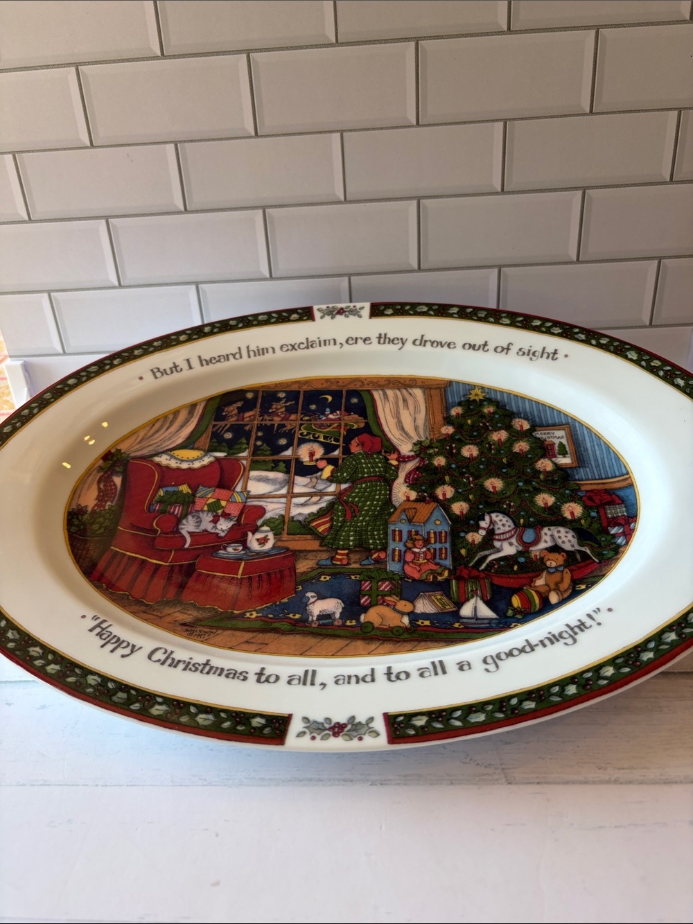 Holiday Oval Serving Platter in Red, Green, Gold and White
